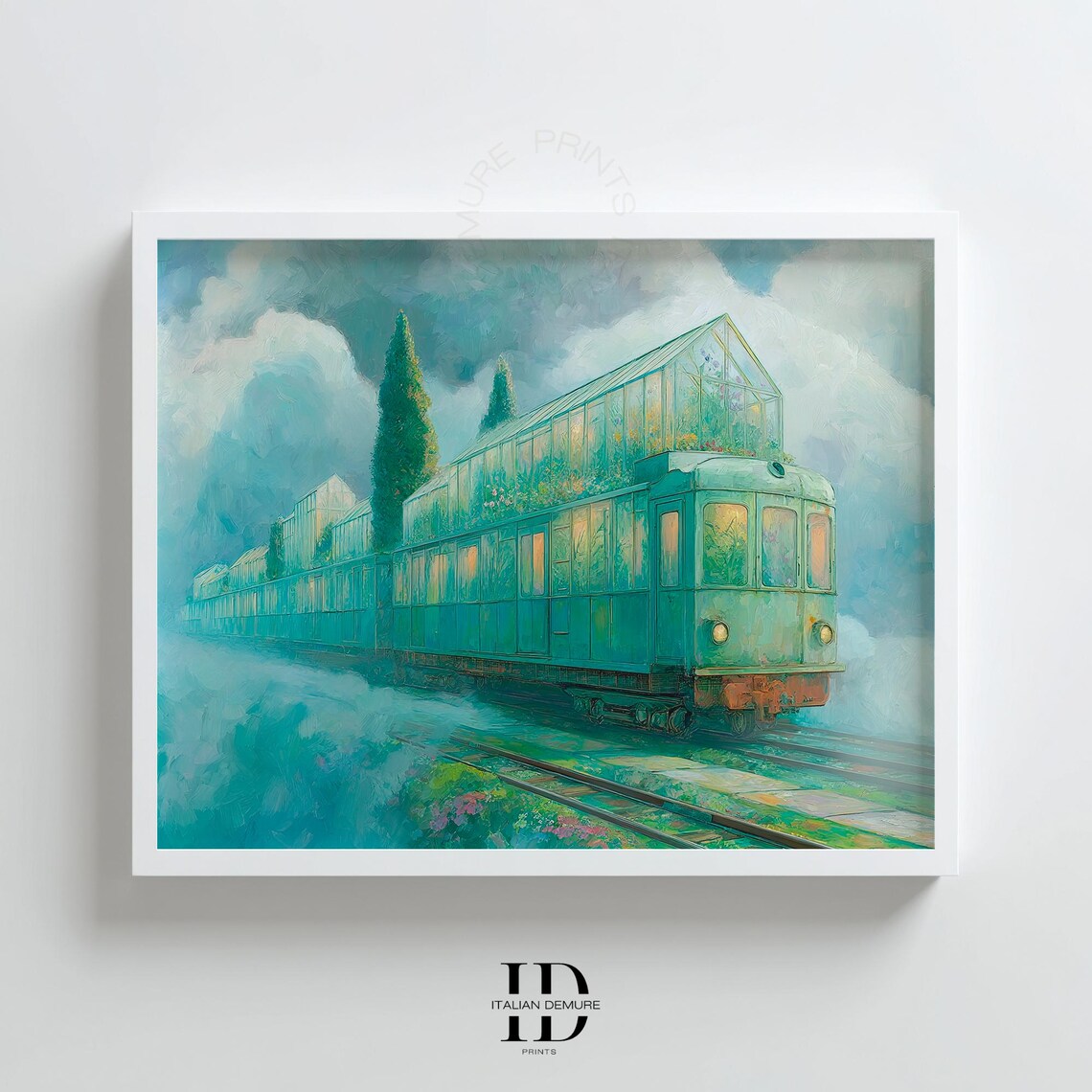 Greenhouse Train Wall Art Dreamy Surreal Landscape Print Botanical Railway Poster Whimsical Nature Decor Artwork