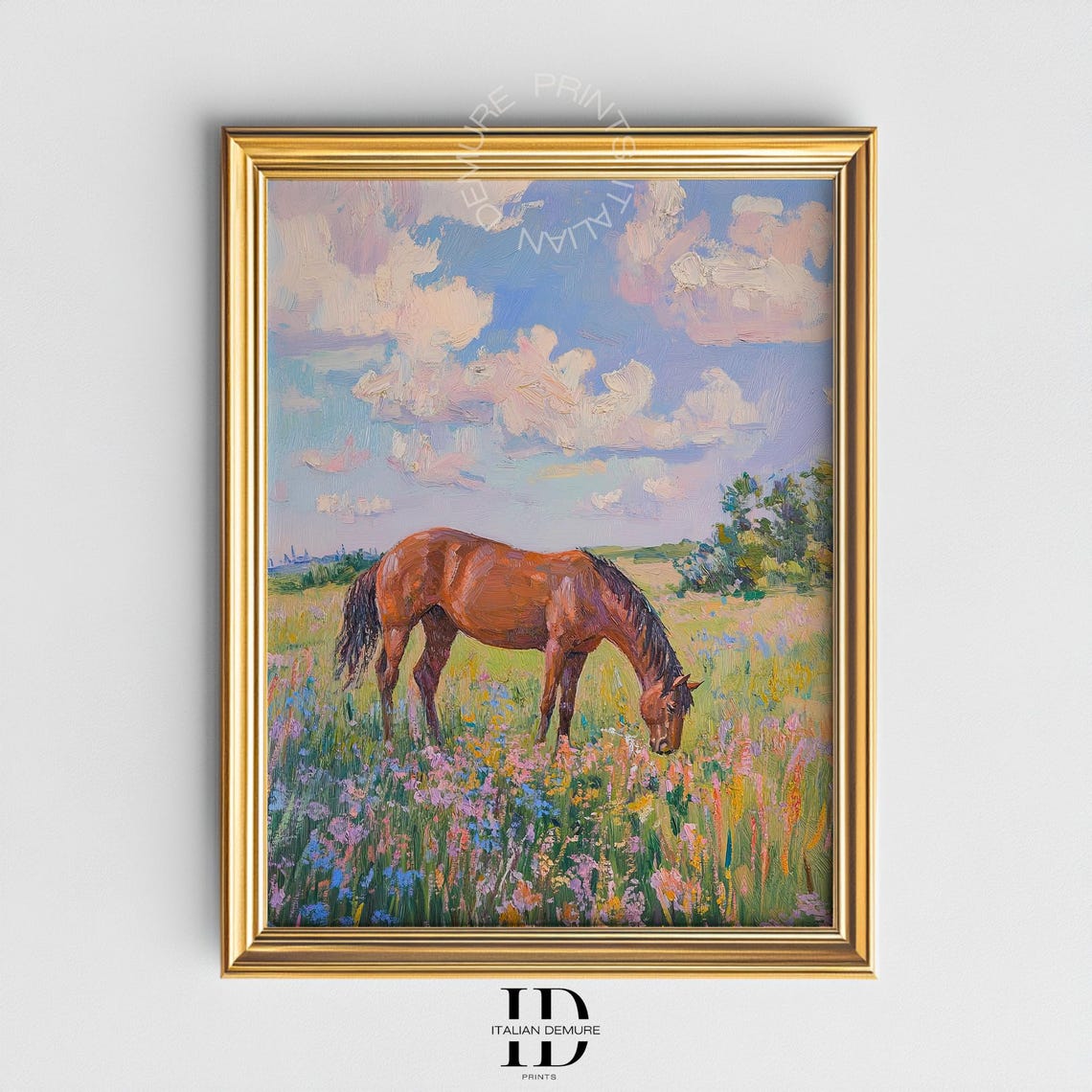 Chestnut Horse Grazing Wildflower Meadow Impressionist Poster