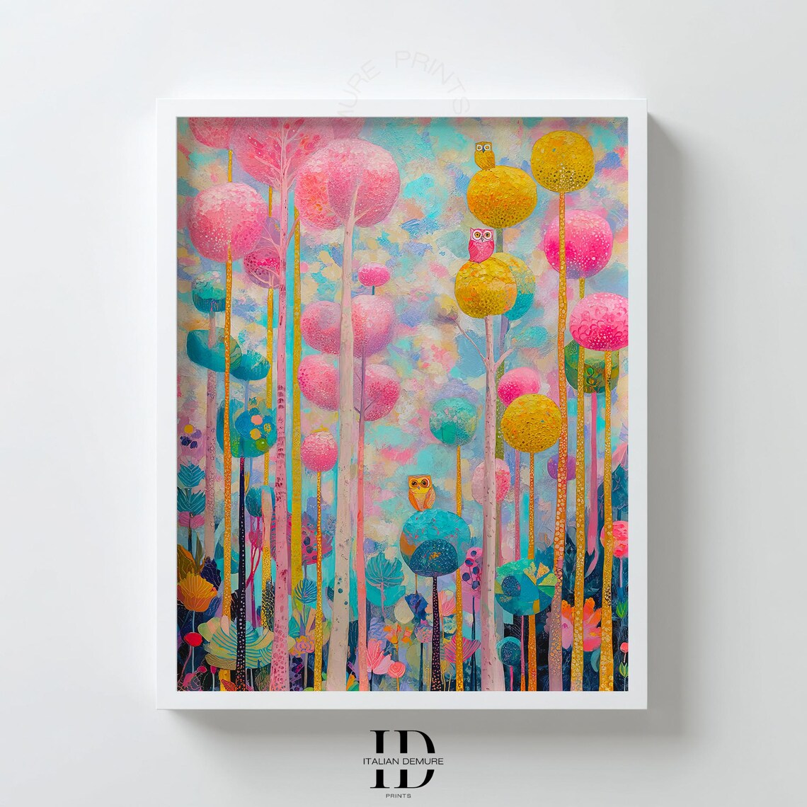 Whimsical Pastel Forest Owls Colorful Balloon Trees Dreamy Print