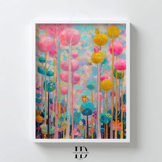 Whimsical Forest Wall Art Colorful Owl Print Abstract Balloon Trees Pastel Nursery Decor Playroom Poster Kids Room