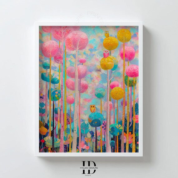 Whimsical Pastel Forest Owls Colorful Balloon Trees Dreamy Print