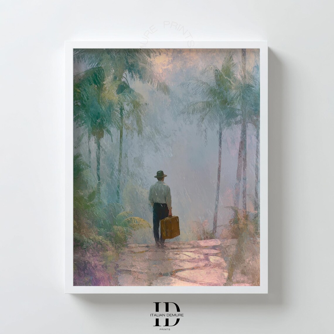 Traveler with Suitcase on Misty Jungle Path Vintage Wanderlust Poster