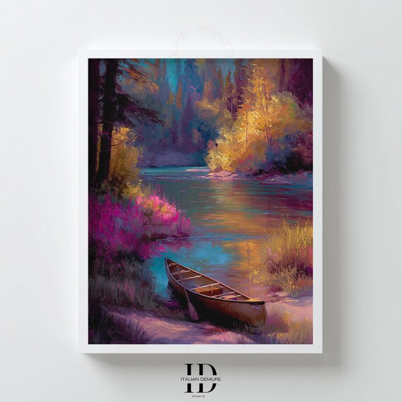 Colorful River Canoe Wall Art Autumn Forest Landscape Print Vibrant Nature Painting For Cabin Decor