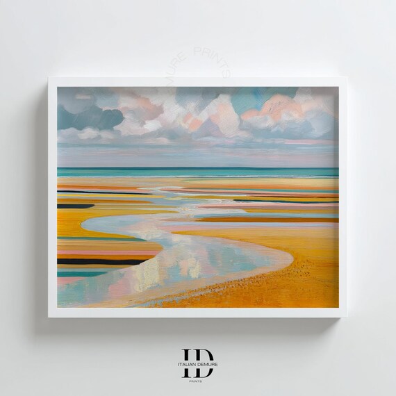 Colorful Beach Seascape With Tidal Pools Golden Sand Modern Poster