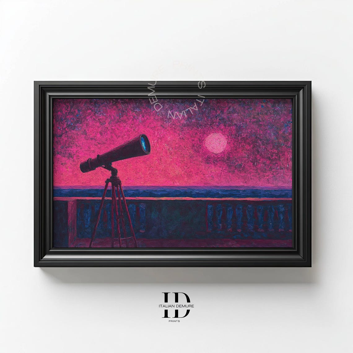 Telescope Moon Gazing Balcony Print Vibrant Night Sky Art For Astronomy Lovers Modern Bedroom Or Celestial Wall Decor