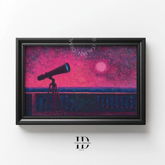 Telescope Moon Gazing Balcony Print Vibrant Night Sky Art For Astronomy Lovers Modern Bedroom Or Celestial Wall Decor
