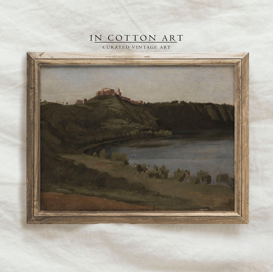 Moody Dark Lake Landscape Hilltop Village Oil Painting Wall Art - Image 4