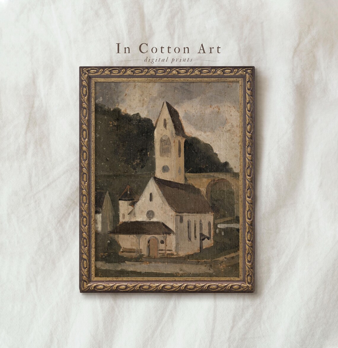 Vintage Church Landscape Art Print, Rustic Chapel