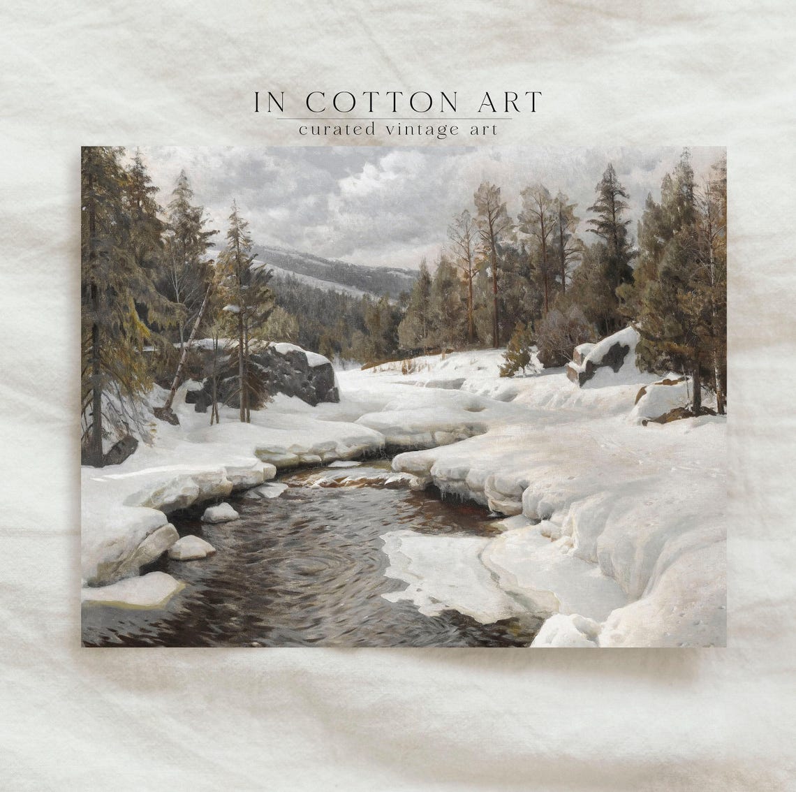Snowy Pine Forest Stream Winter River Vintage Landscape Painting