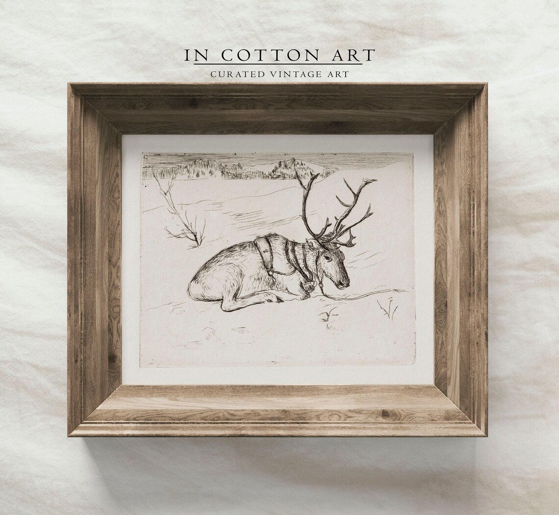 Vintage Christmas Reindeer Drawing, Farmhouse Art Print - Image 3