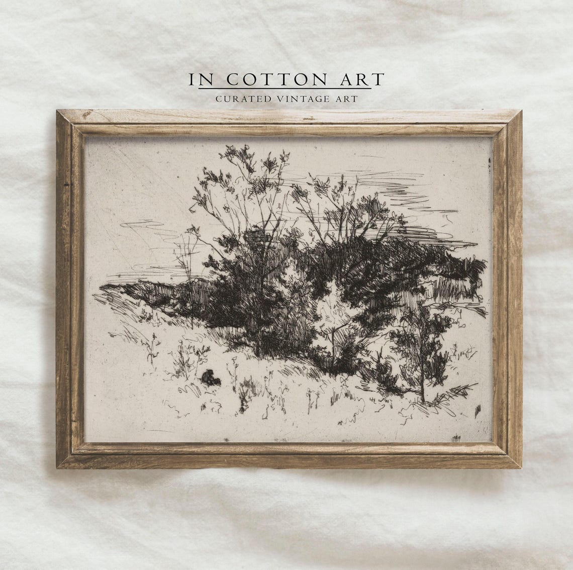 Antique Ink Etching Landscape Sketch Rustic Tree Thicket Art Print - Image 4