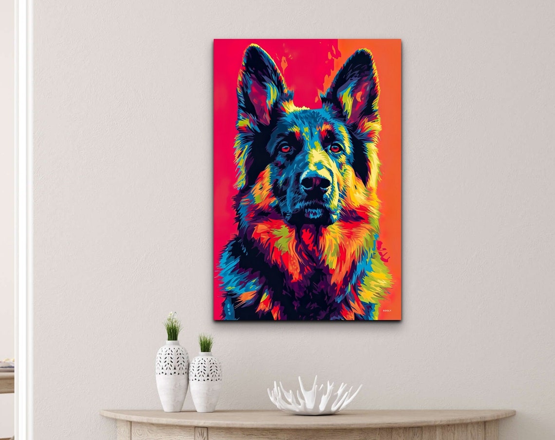German Shepherd Portrait in Vivid Rainbow Neon Pop Art Style Poster