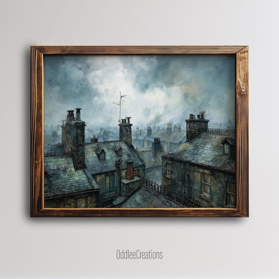 Dark Academia Victorian Rooftops Oil Painting Art Moody Stormy Sky Vintage Architecture Wall Decor Sce153