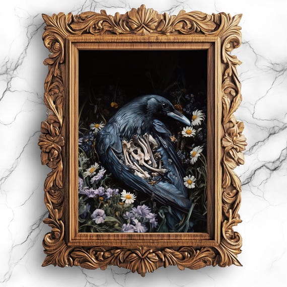 Decomposing Crow On Flower Bed Poster Dark Surreal Art Print Gothic Bird Wall Decor Unique Eerie Painting For Home Ani18
