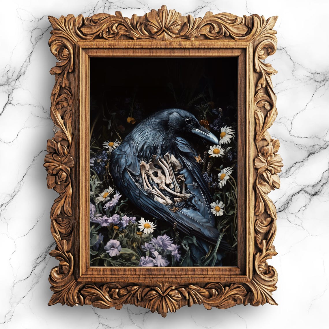 Decomposing Crow on Flower Bed Dark Surreal Oil Painting Poster