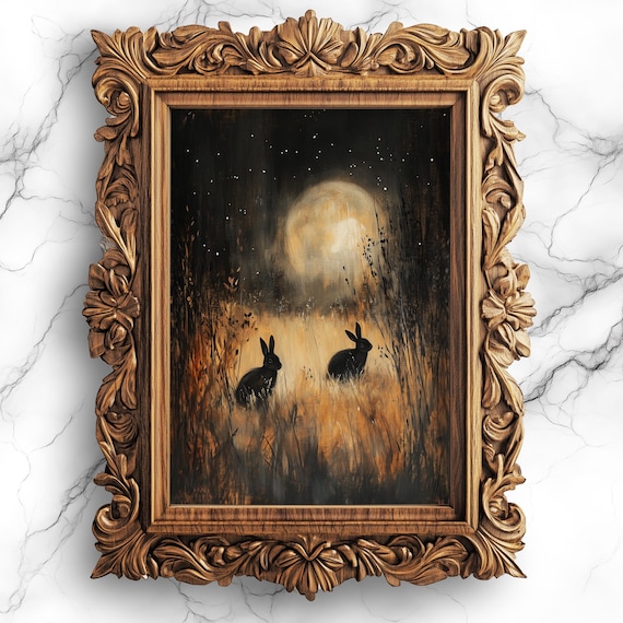 Black Rabbits in Moonlit Field Gothic Night Wildlife Oil Painting Poster