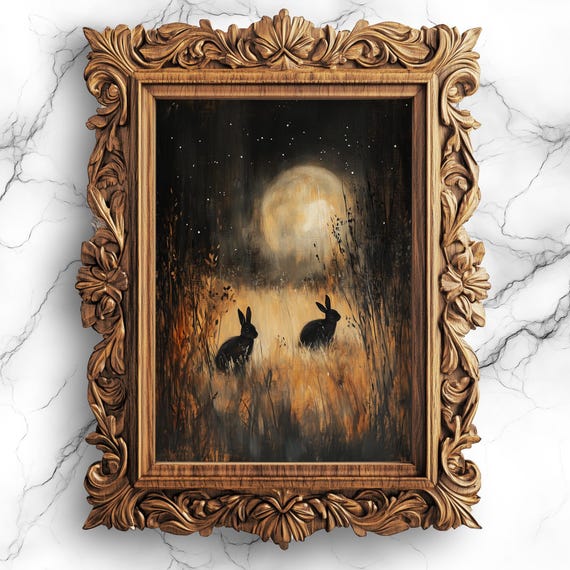 Black Rabbits Playing In Moonlit Night Gothic Art For Fantasy And Whimsical Darkthemed Wall Decor Ani24