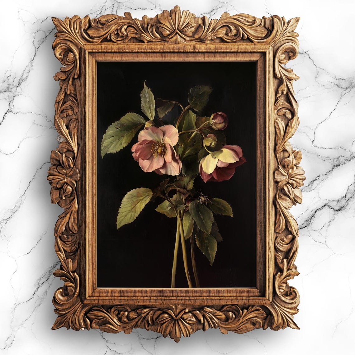 Hellebore Flower Oil Painting Dark Background Botanical Poster