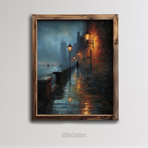 Moody Victorian Night Alley In Rain With Lamplight City Oil Poster