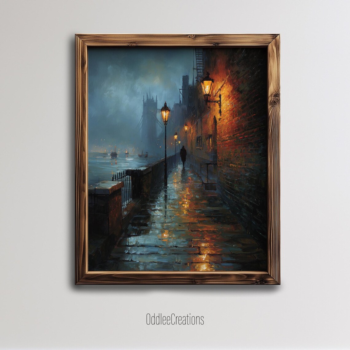 Moody Victorian Night Alley In Rain With Lamplight City Oil Poster