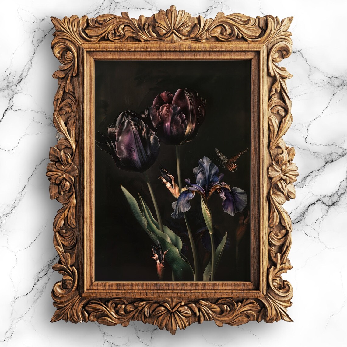 Black Tulips Portrait Painting, Gothic Floral Art Print