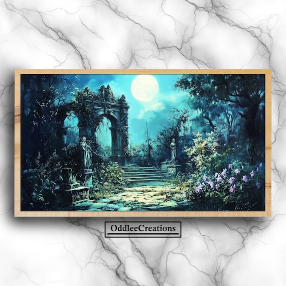 Moonlit Garden Ruins Misty Foliage Dark Academia Gothic Wall Art