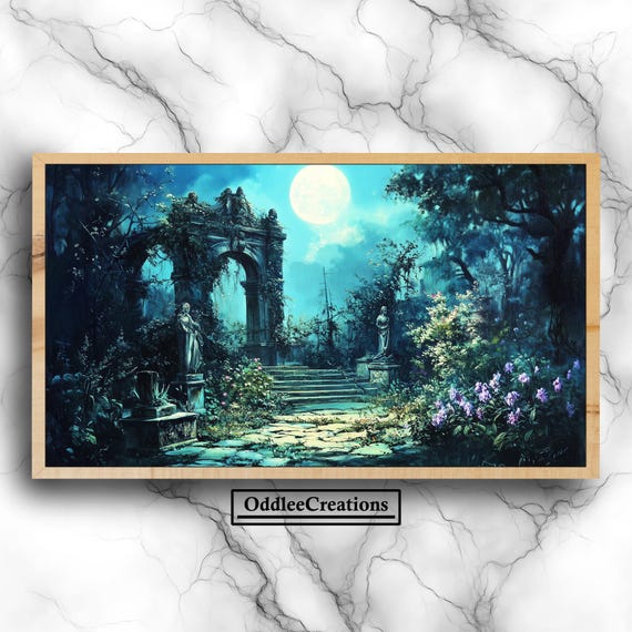 Vintage Moonlit Garden Frame Tv Art Dark Academia Whimsigoth Style With Misty Foliage Ruins Decor Tlv11