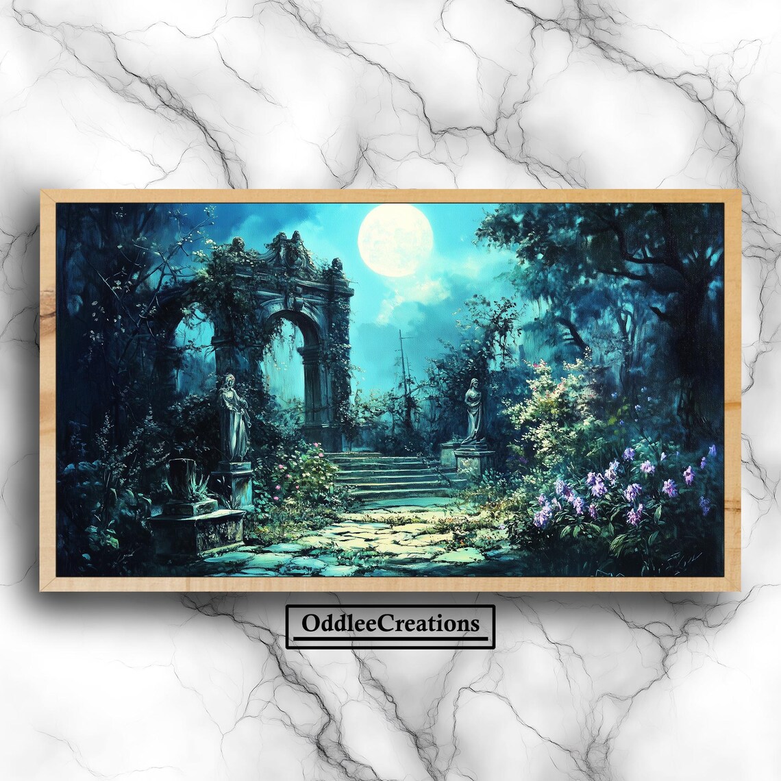 Moonlit Garden Ruins Misty Foliage Dark Academia Gothic Wall Art