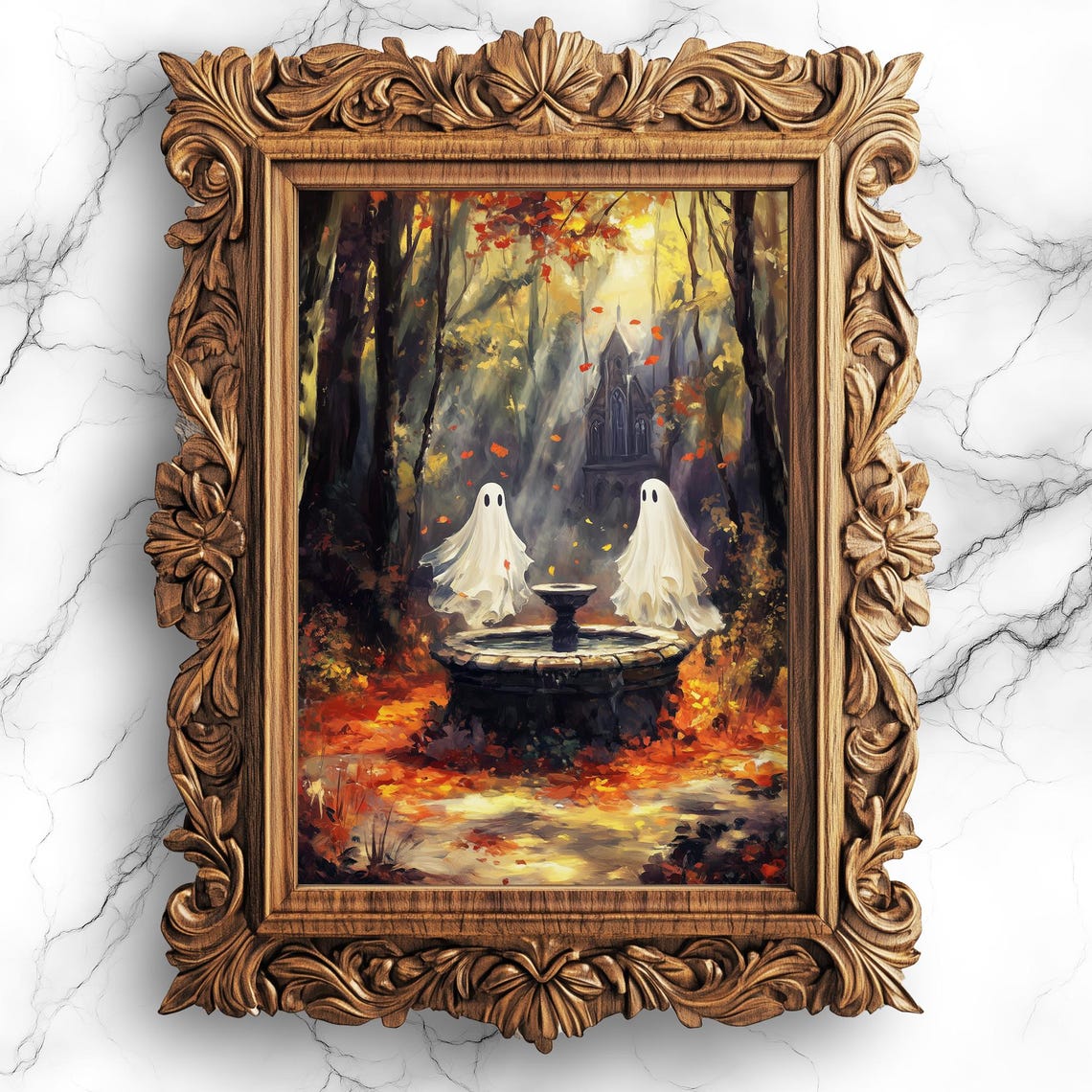 Ghosts In Autumn Forest Wall Art Gothic Dark Academia Fall Decor Halloween With Crumbling Fountain Bbg34