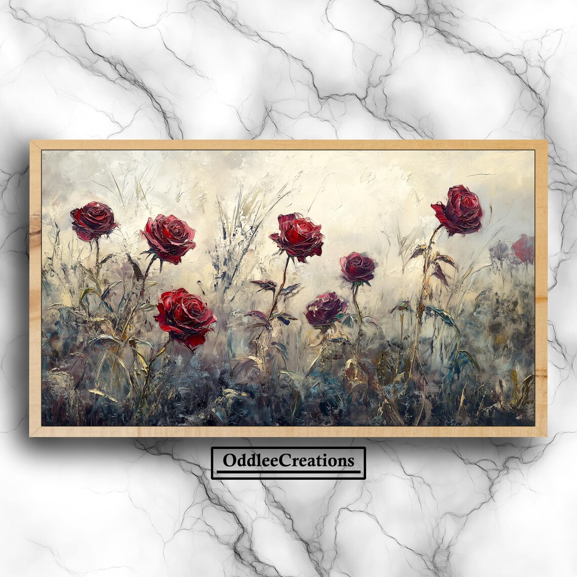 Wild Red Roses in Misty Field Impressionist Floral Oil Painting Poster