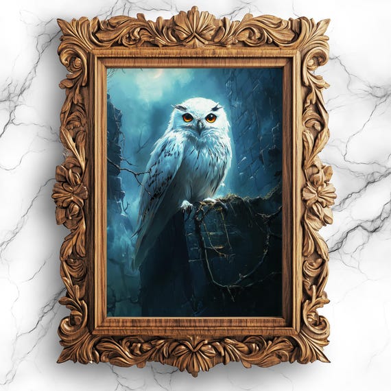 Snowy Owl Wall Art Gothic Dark Academia Decor Haunted Castle Ethereal Moonlight Print Oil Painting Prt32