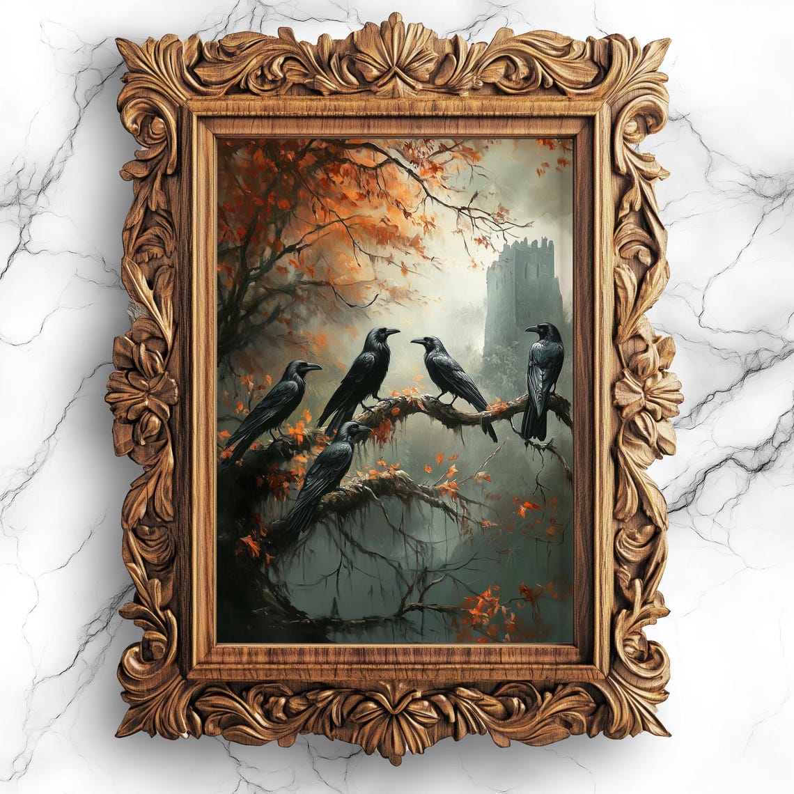 Five Black Crows on Autumn Branches Misty Castle Gothic Art Poster