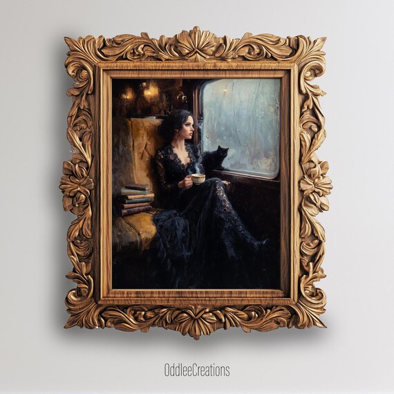Witch On Train At Midnight Gothic Oil Painting Wall Art With Cat Tea Books Rainy Forest Elegant Decor Prt116