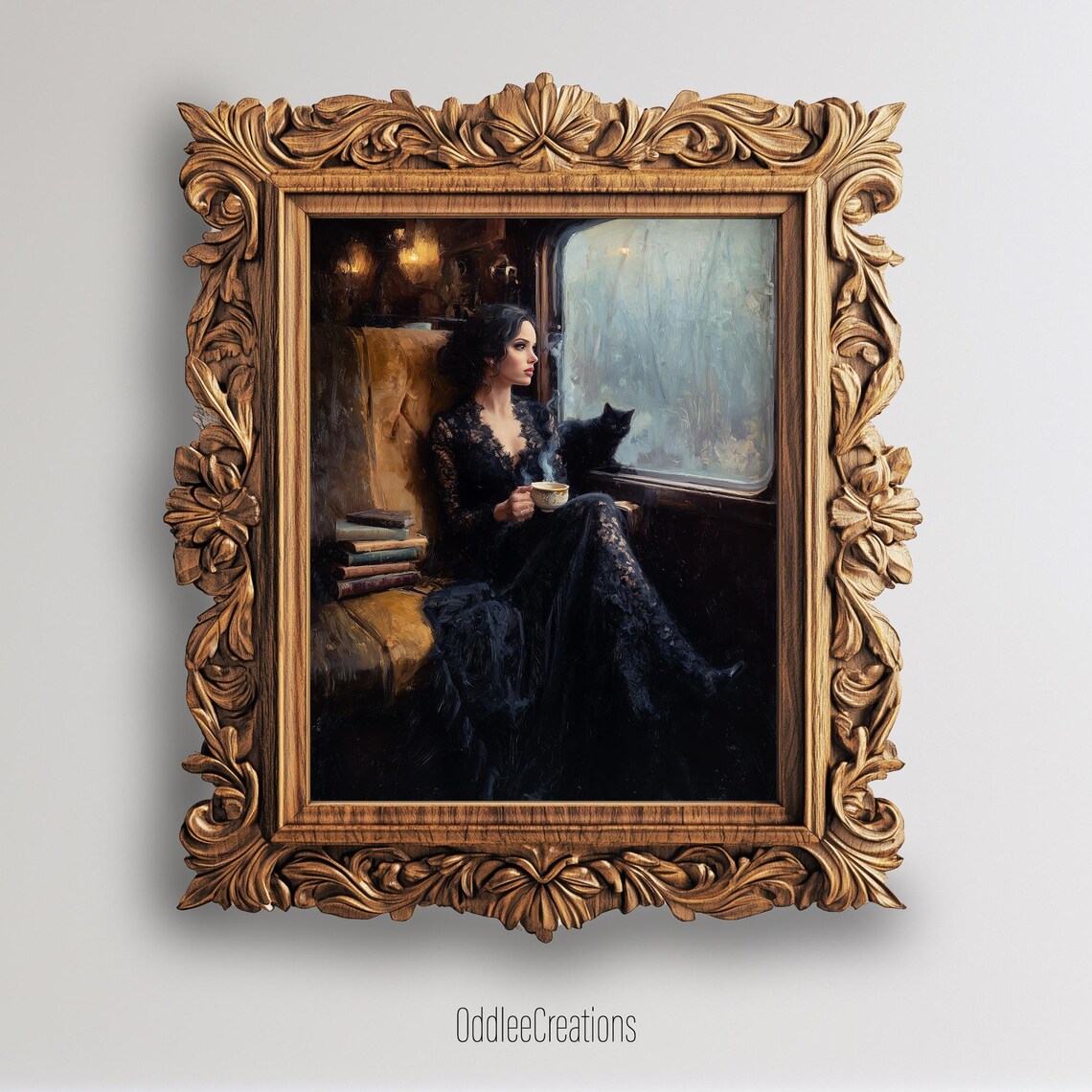 Witch On Midnight Train Black Cat Tea Gothic Oil Painting Poster