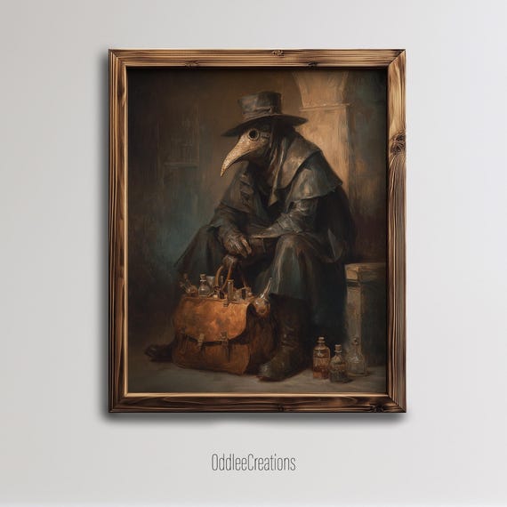 Plague Doctor Gothic Print Wall Art Oil Painting Style Dark Academia Decor Haunted Mysterious Apothecary Prt105