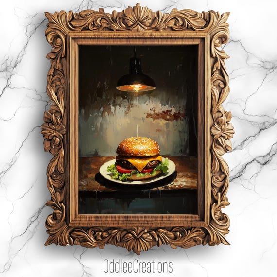 Creepy Cheeseburger Wall Art Haunted Basement Food Painting Dark Academia Kitchen Decor Horror Poster Fod46
