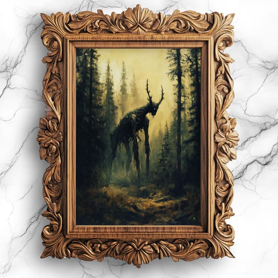 Dark Forest Wendigo Oil Painting Art Minnesota Cryptid Series For Academic Study Or Gothic Home Interior Prt70