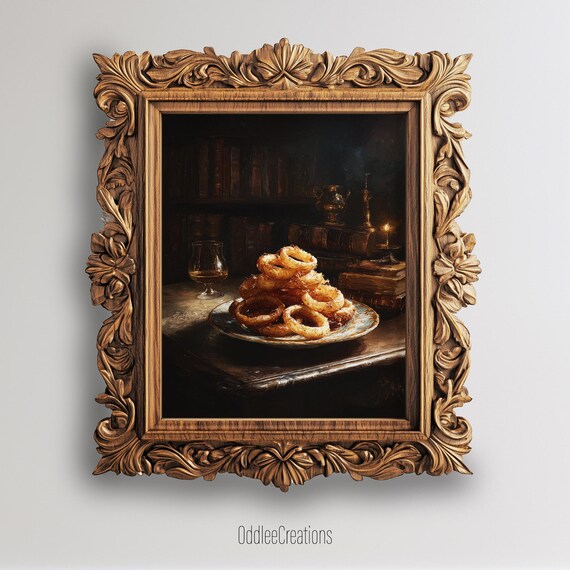Crispy Onion Rings Still Life in Moody Dark Academia Library Poster