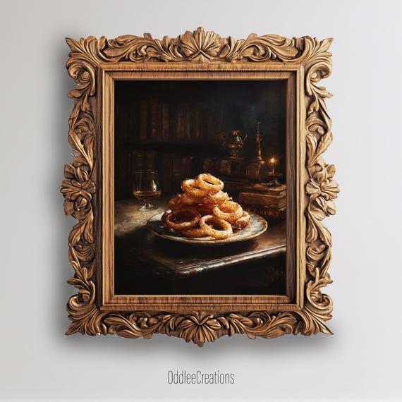 Onion Rings Dark Academia Wall Art Moody Dining Room Oil Painting Vintage Cozy Home Kitchen Decor Fod103