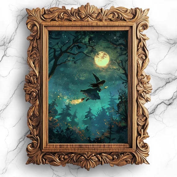 Adorable Witch On Broom In Enchanted Forest Fantasy Oil Painting Witchy Wall Art Halloween Wit2