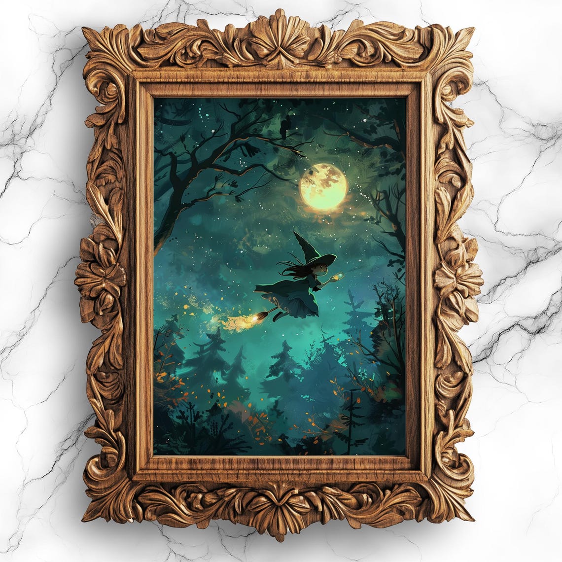Adorable Witch On Broom In Enchanted Forest Fantasy Oil Painting Witchy Wall Art Halloween Wit2