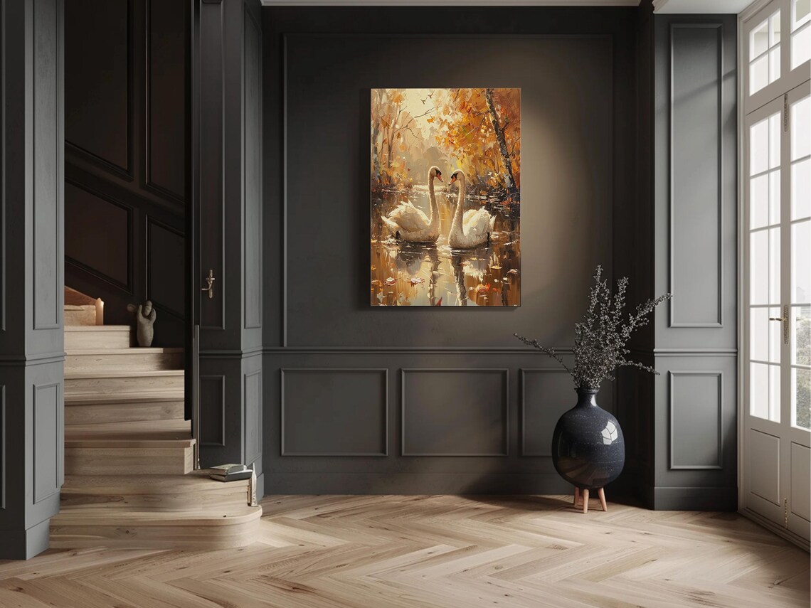 Two White Swans Golden Autumn Pond Romantic Wildlife Art Print - Image 2