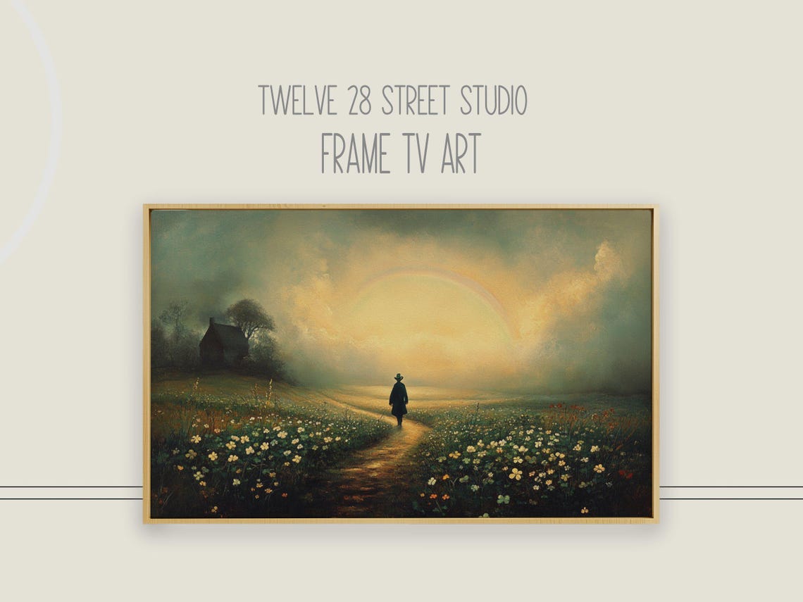 Lone Figure Clover Meadow Golden Sunset Path Irish Countryside Poster