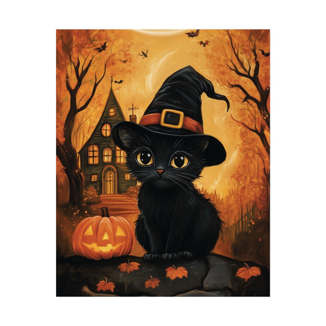 Cute Black Kitten Witch Hat Halloween Night Pumpkin Spooky Fall Art Print - Image 2