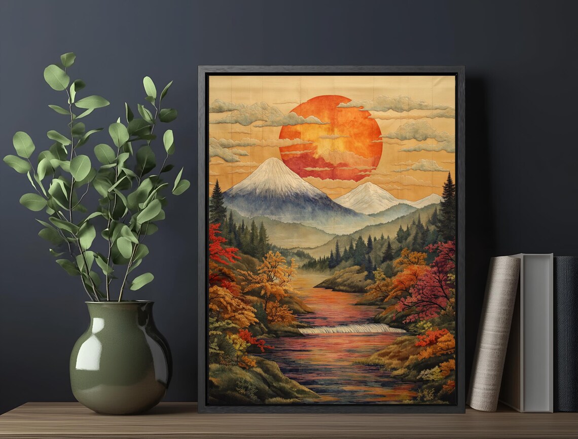 Mount Fuji Red Sun Autumn Leaves River Vintage Japanese Landscape Poster - Image 5