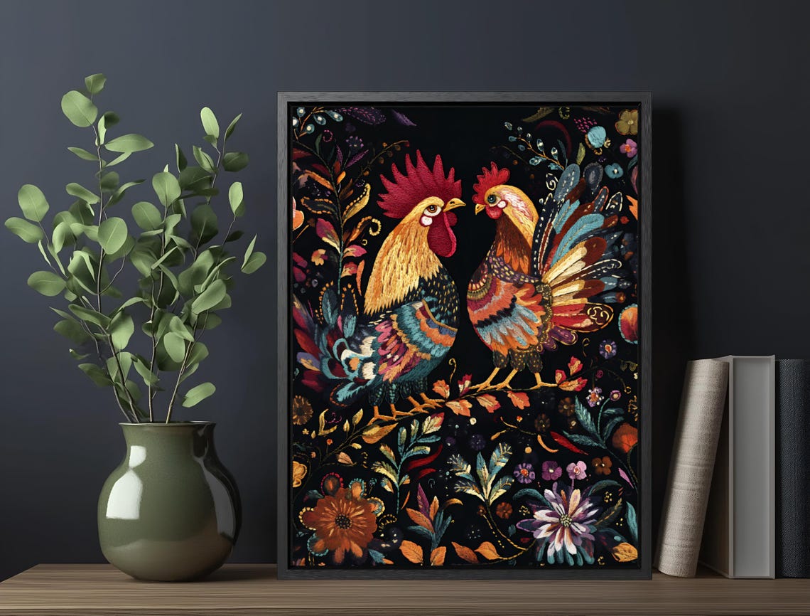 Colorful Folk Art Roosters Pair Dark Floral Background Wall Art Print - Image 6