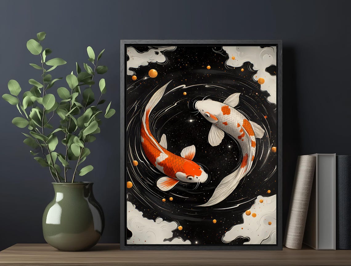 Two Koi Fish Yin Yang Swirl Dark Water Orange White Art Print - Image 5