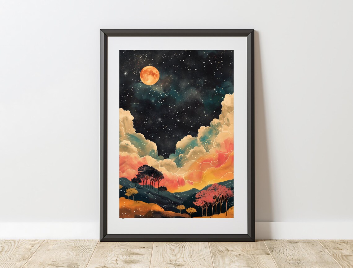 Full Moon Starry Night Sky Colorful Clouds Over Hills Dreamy Night Art Print - Image 4
