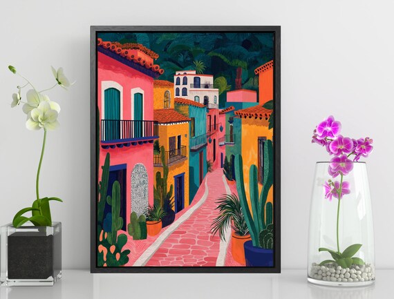 Colorful Mexican Colonial Street Cacti Pink Cobblestone Travel Art Poster