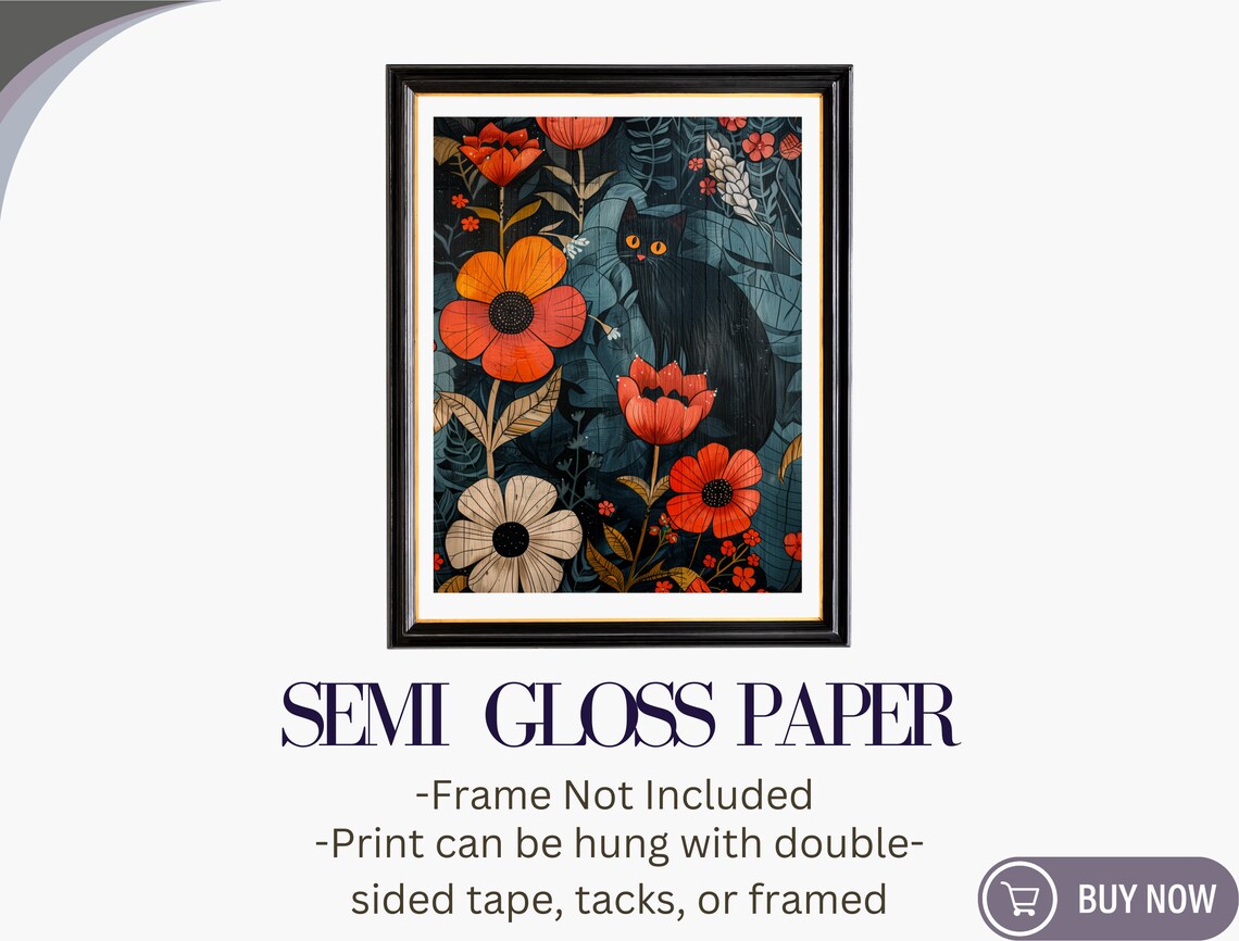Black Cat Red Flowers Dark Floral Illustration Whimsical Wall Art Poster - Image 6